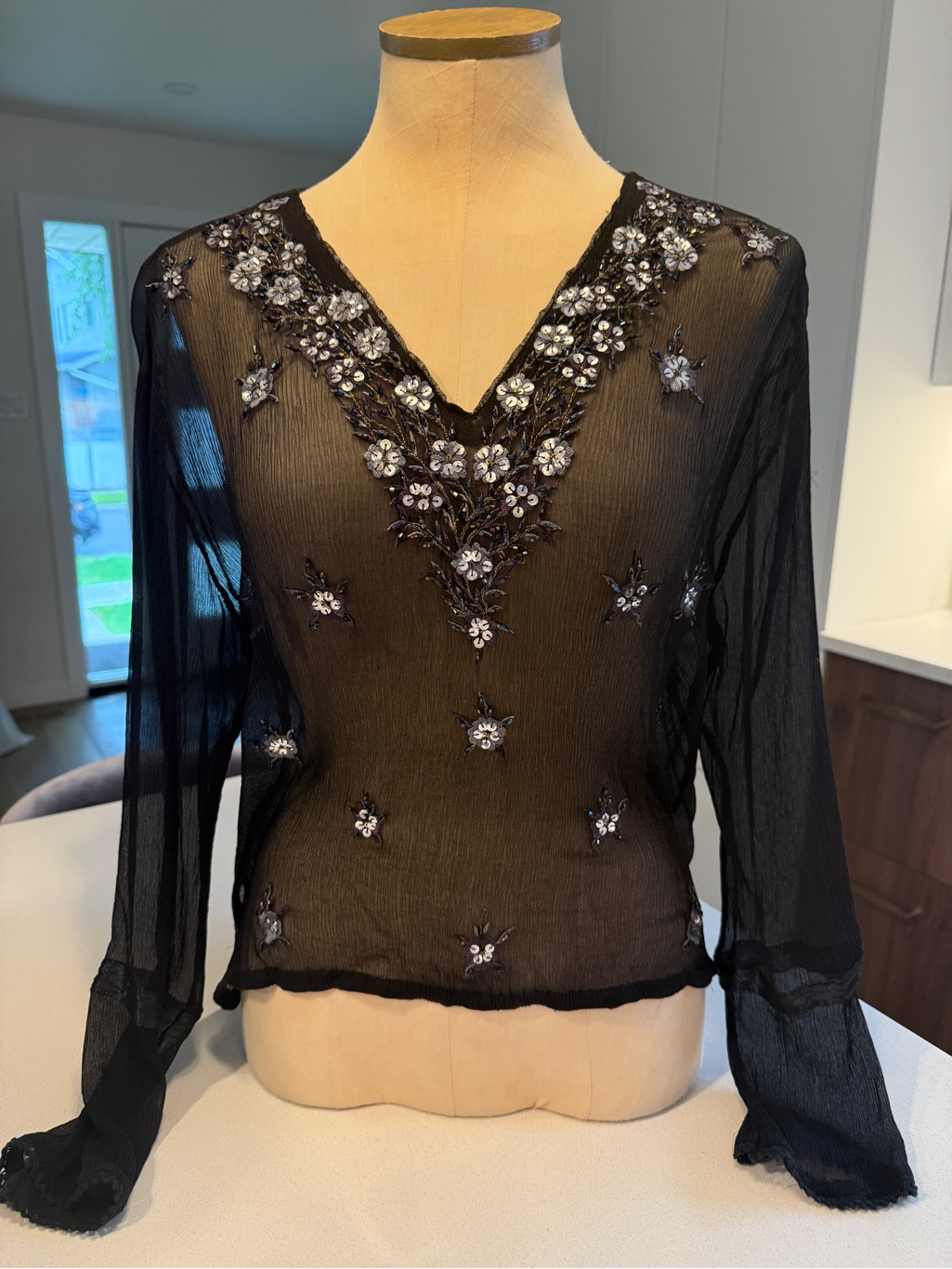 Gold Hawk Black Silk V-Neck Beaded Floral Blouse